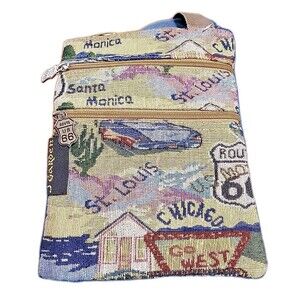 Route 66 brown Roadtrip Tapestry Bag Crossbody Shoulder Strap Retro Zip Close